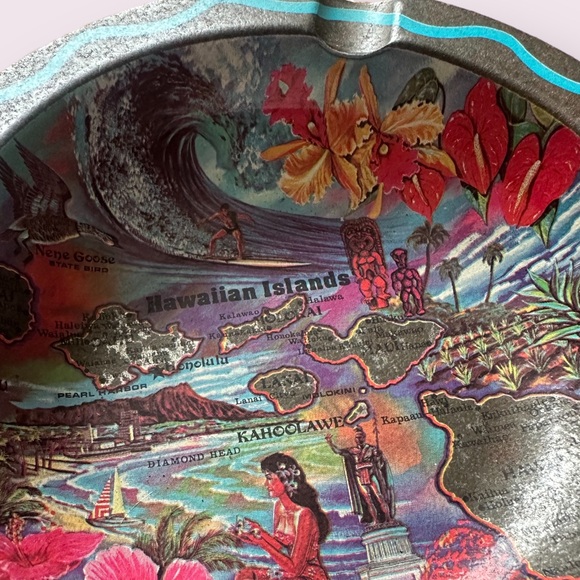 Vintage 1970s Ken Haag Hawaii Souvenir Round Metal Ash Tray Colorful Tin - Picture 3 of 7